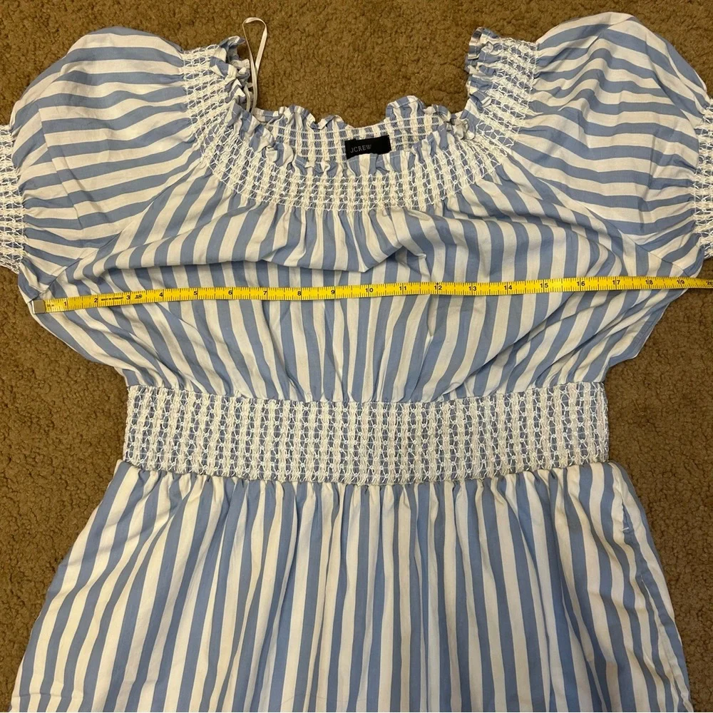 J. Crew 100% cotton Smocked puff-sleeve poplin dress in stripe blue white S